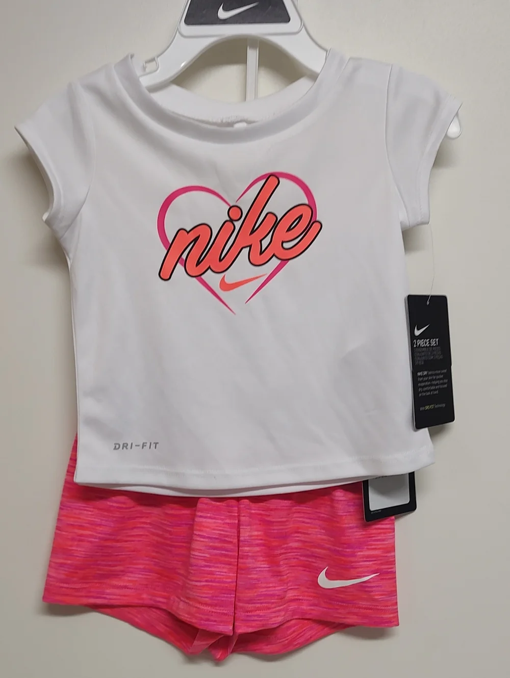 Nike White Top with Pink & Coral Heart Logo and Pink Space-Dye Shorts Set